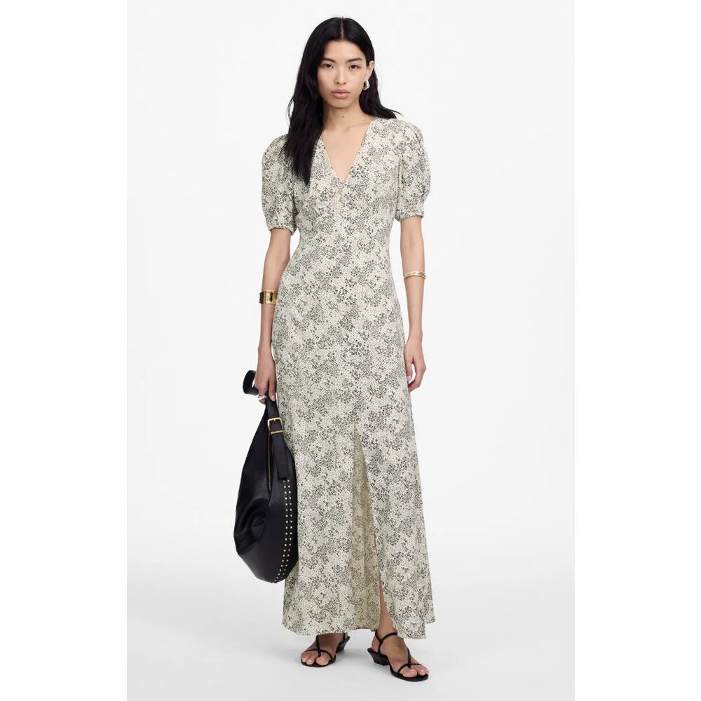 Madewell Puff-Sleeve V-Neck Midi Dress in Floral WMNS 16 Plus White Black NU576